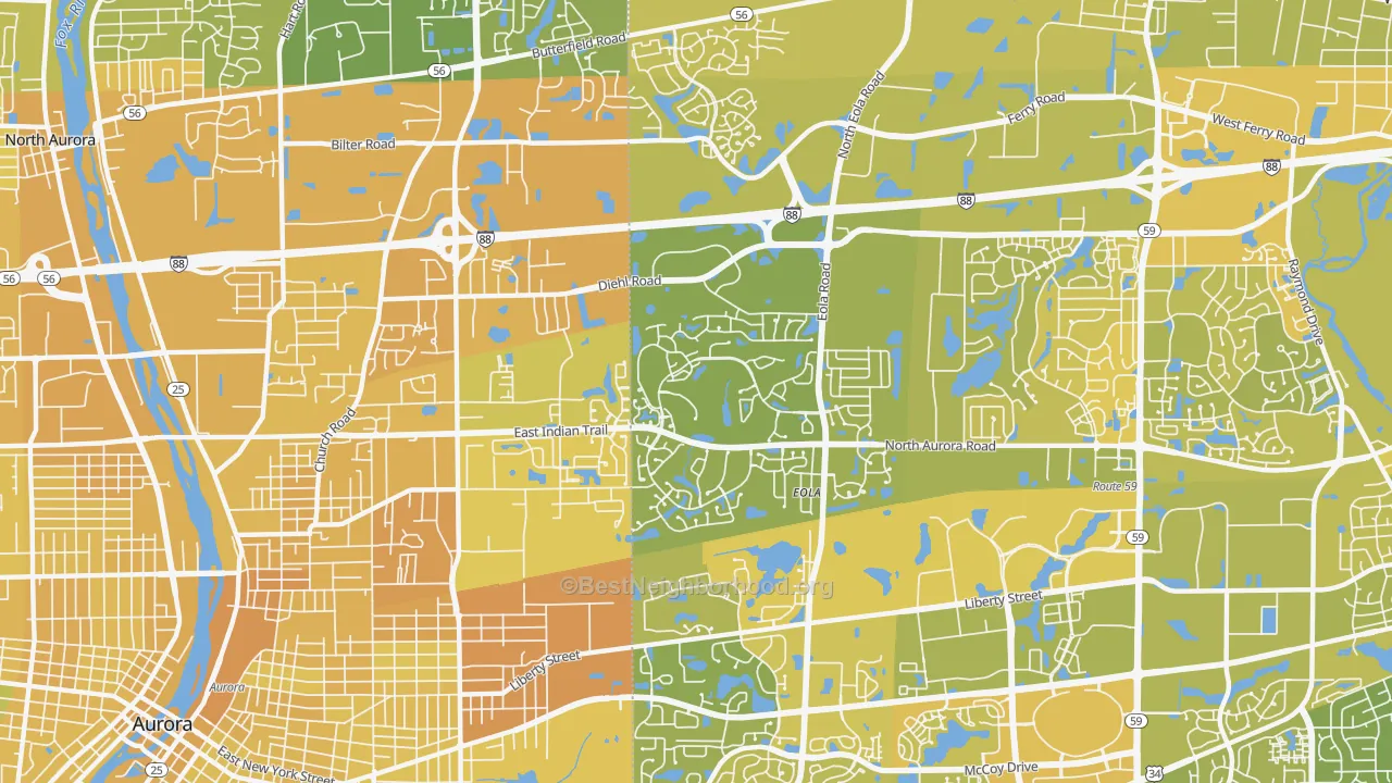 Map of the best neighborhoods in the 60502 area, with better matches in green and worse matches in red