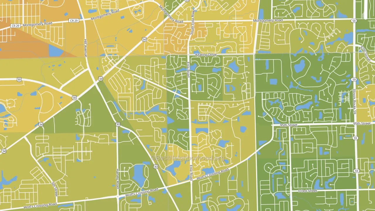 Map of the best neighborhoods in the 60503 area, with better matches in green and worse matches in red