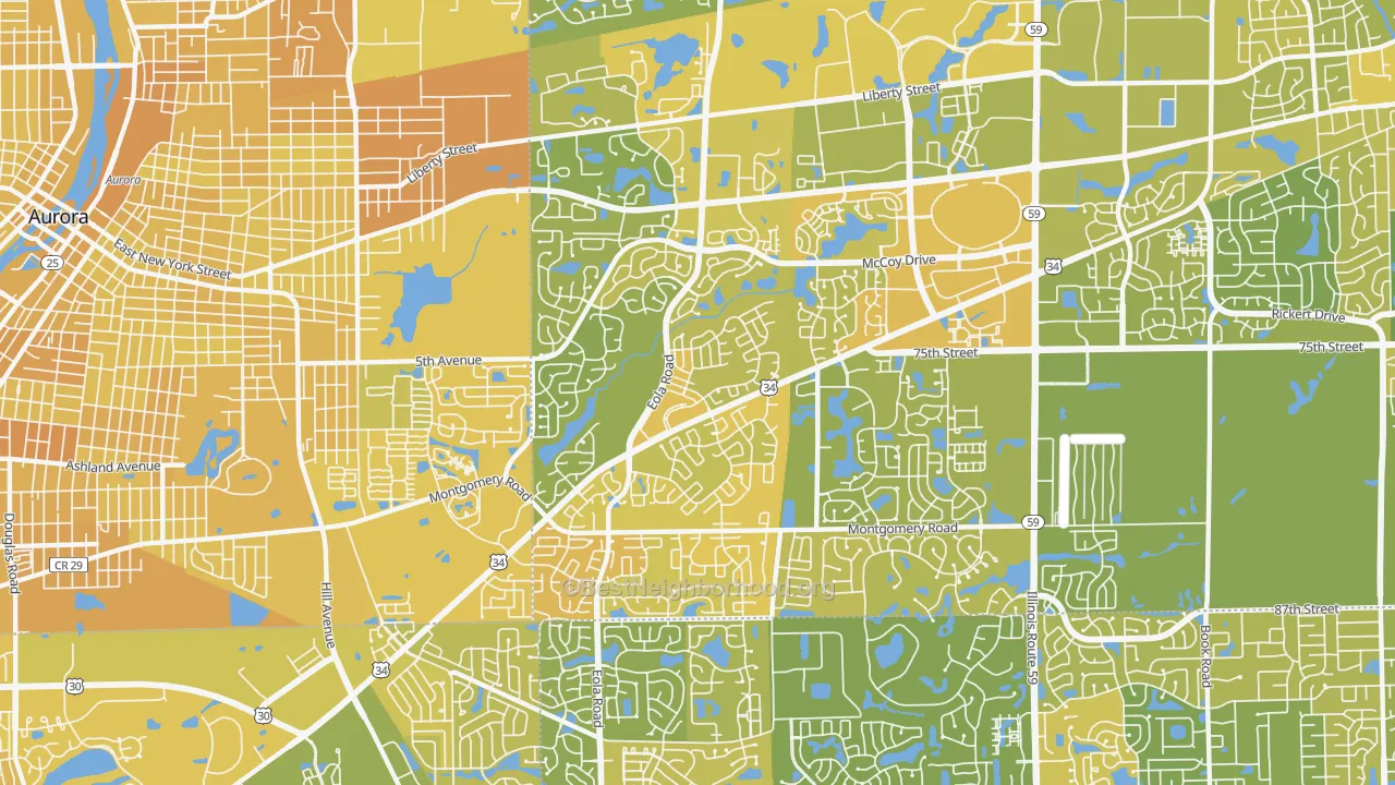 Map of the best neighborhoods in the 60504 area, with better matches in green and worse matches in red