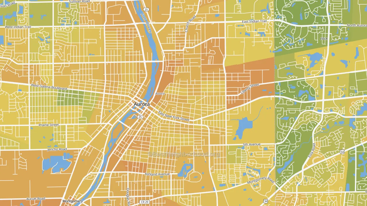 Map of the best neighborhoods in the 60505 area, with better matches in green and worse matches in red