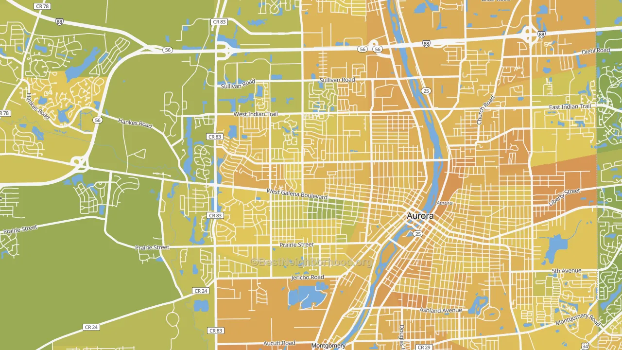 Map of the best neighborhoods in the 60506 area, with better matches in green and worse matches in red
