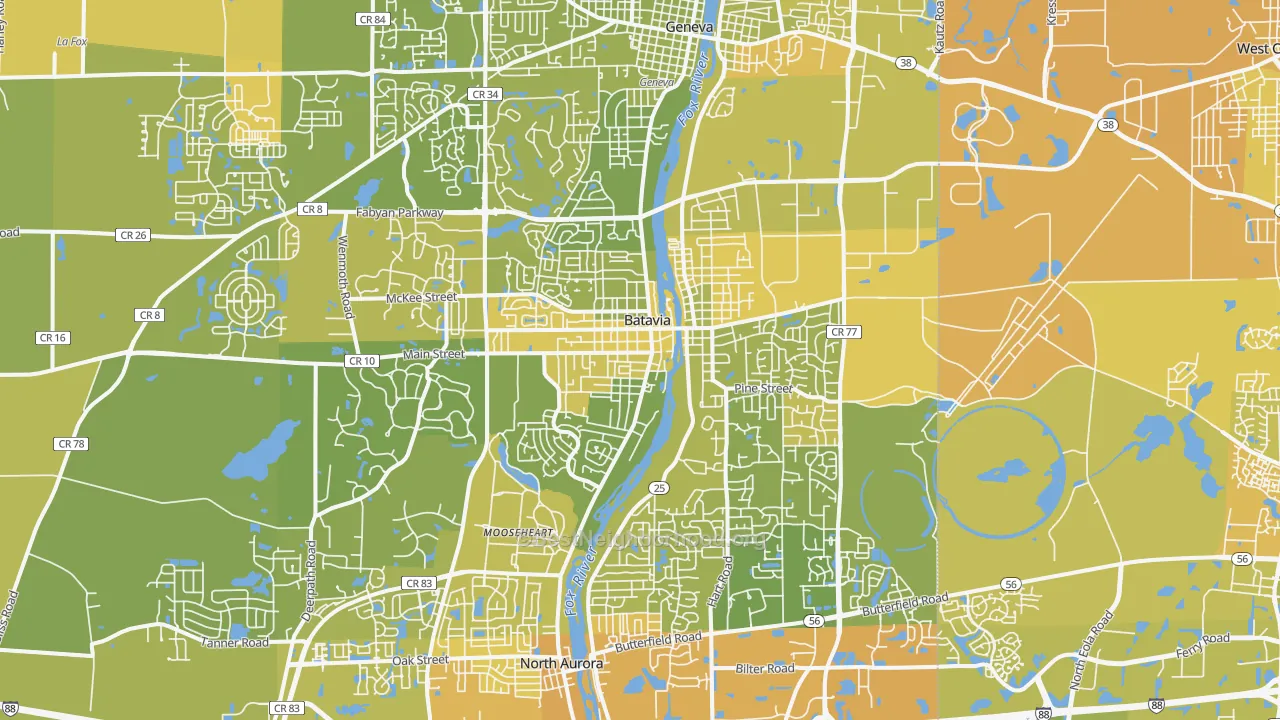 Map of the best neighborhoods in the 60510 area, with better matches in green and worse matches in red