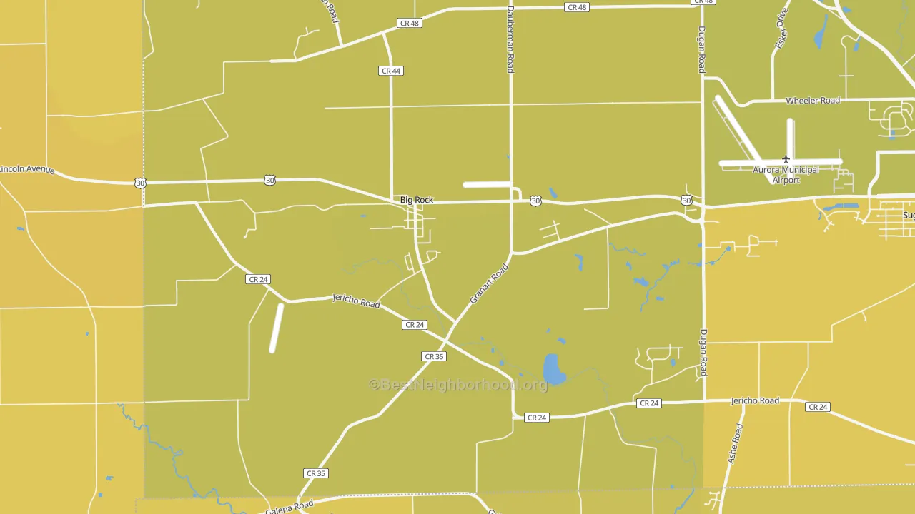Map of the best neighborhoods in the 60511 area, with better matches in green and worse matches in red