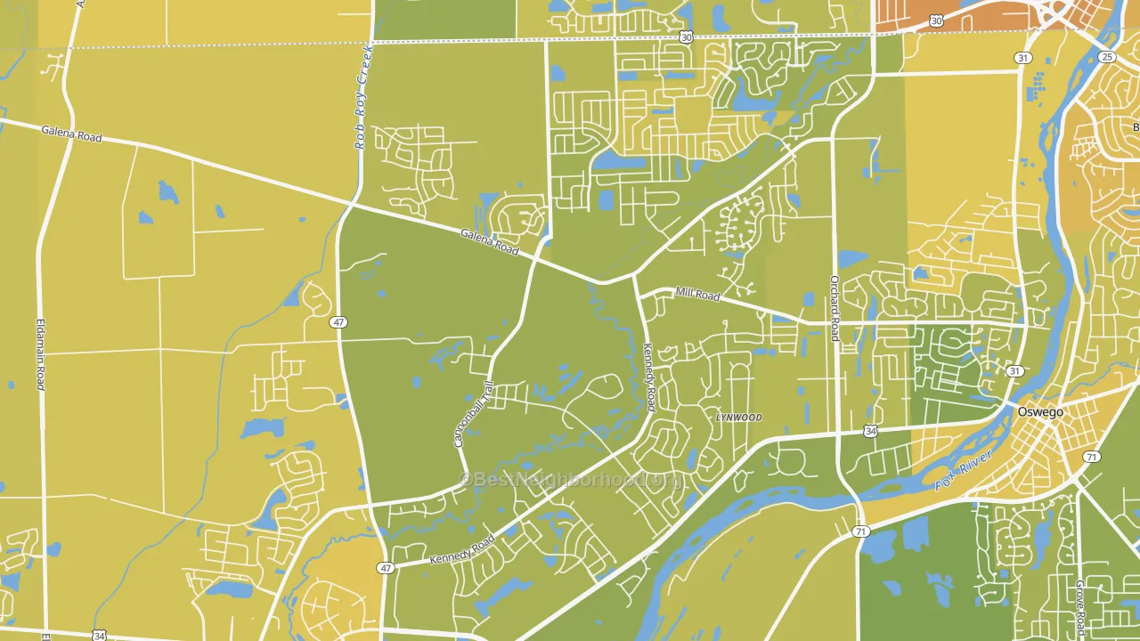 Map of the best neighborhoods in the 60512 area, with better matches in green and worse matches in red