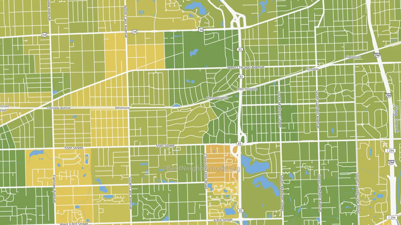 Map of the best neighborhoods in the 60514 area, with better matches in green and worse matches in red
