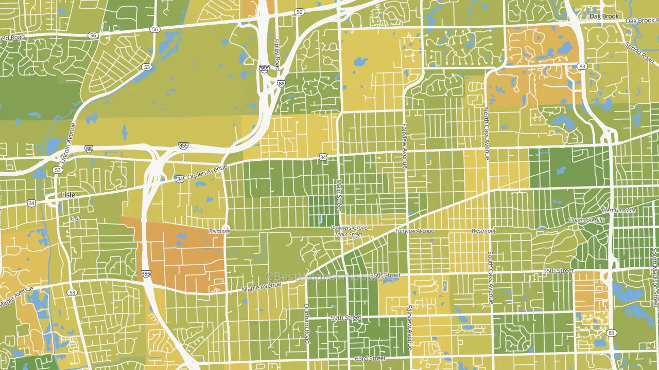 Map of the best neighborhoods in the 60515 area, with better matches in green and worse matches in red