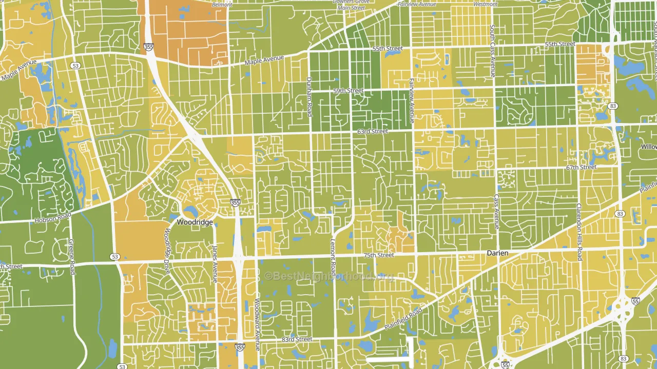 Map of the best neighborhoods in the 60516 area, with better matches in green and worse matches in red