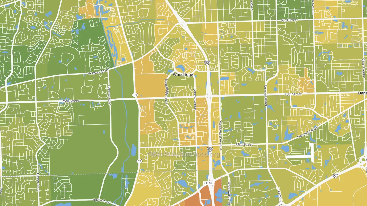 Map of the best neighborhoods in the 60517 area, with better matches in green and worse matches in red