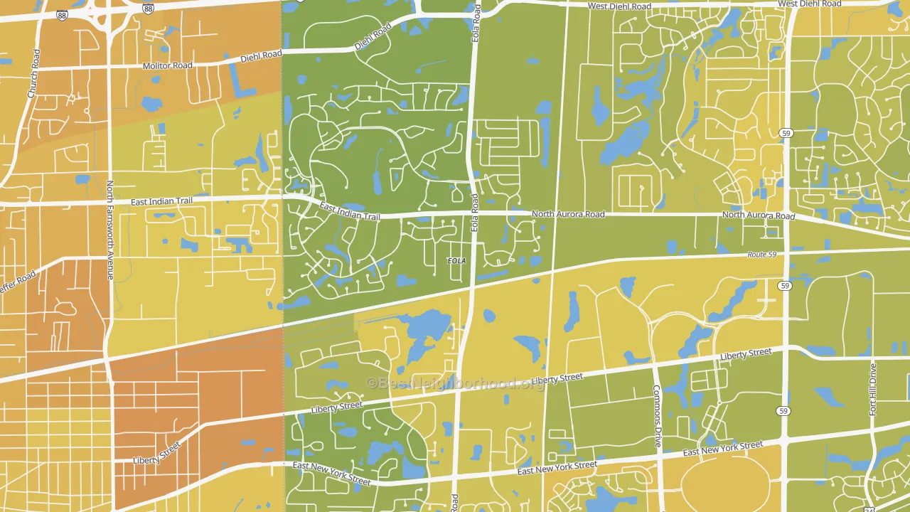 Map of the best neighborhoods in the 60519 area, with better matches in green and worse matches in red