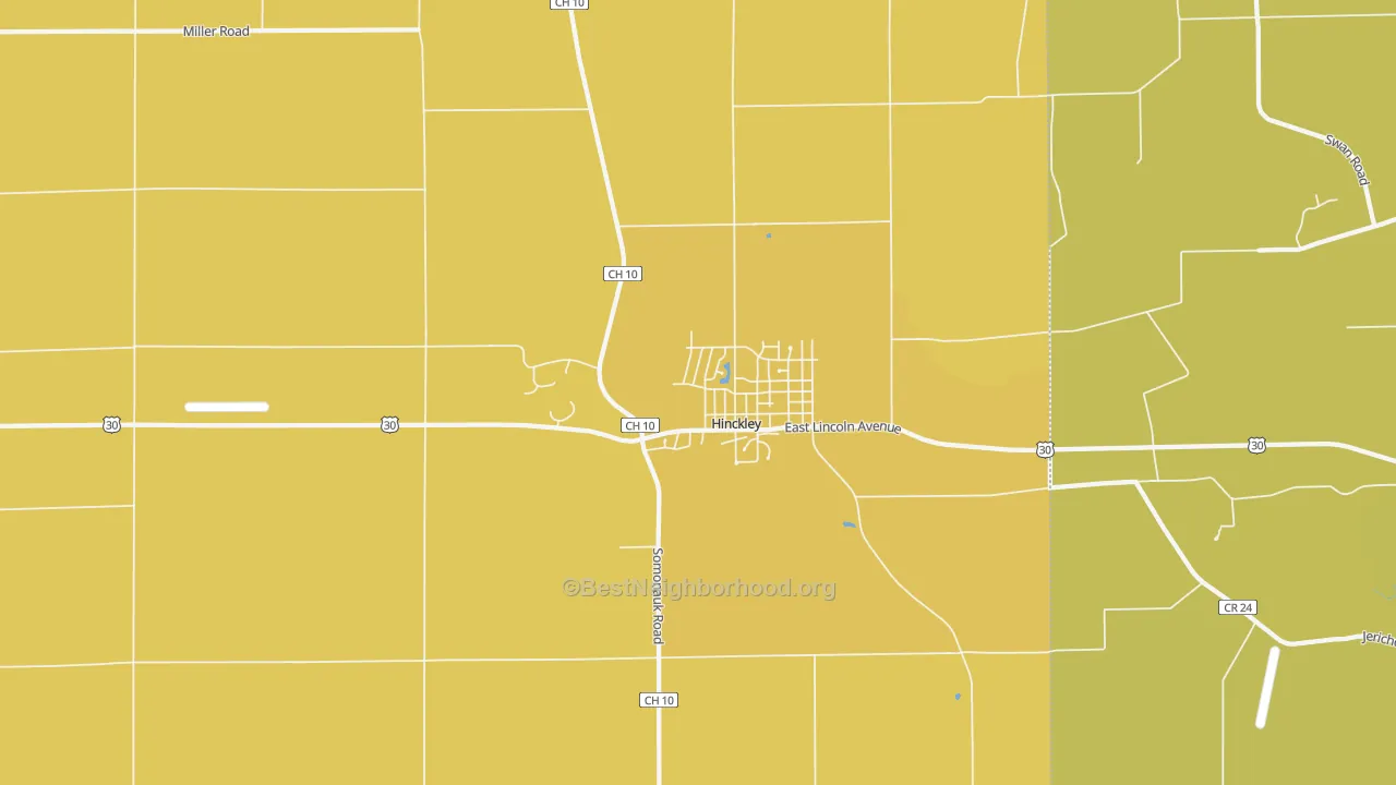 Map of the best neighborhoods in the 60520 area, with better matches in green and worse matches in red