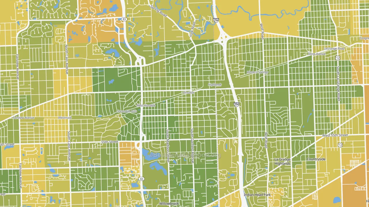Map of the best neighborhoods in the 60521 area, with better matches in green and worse matches in red