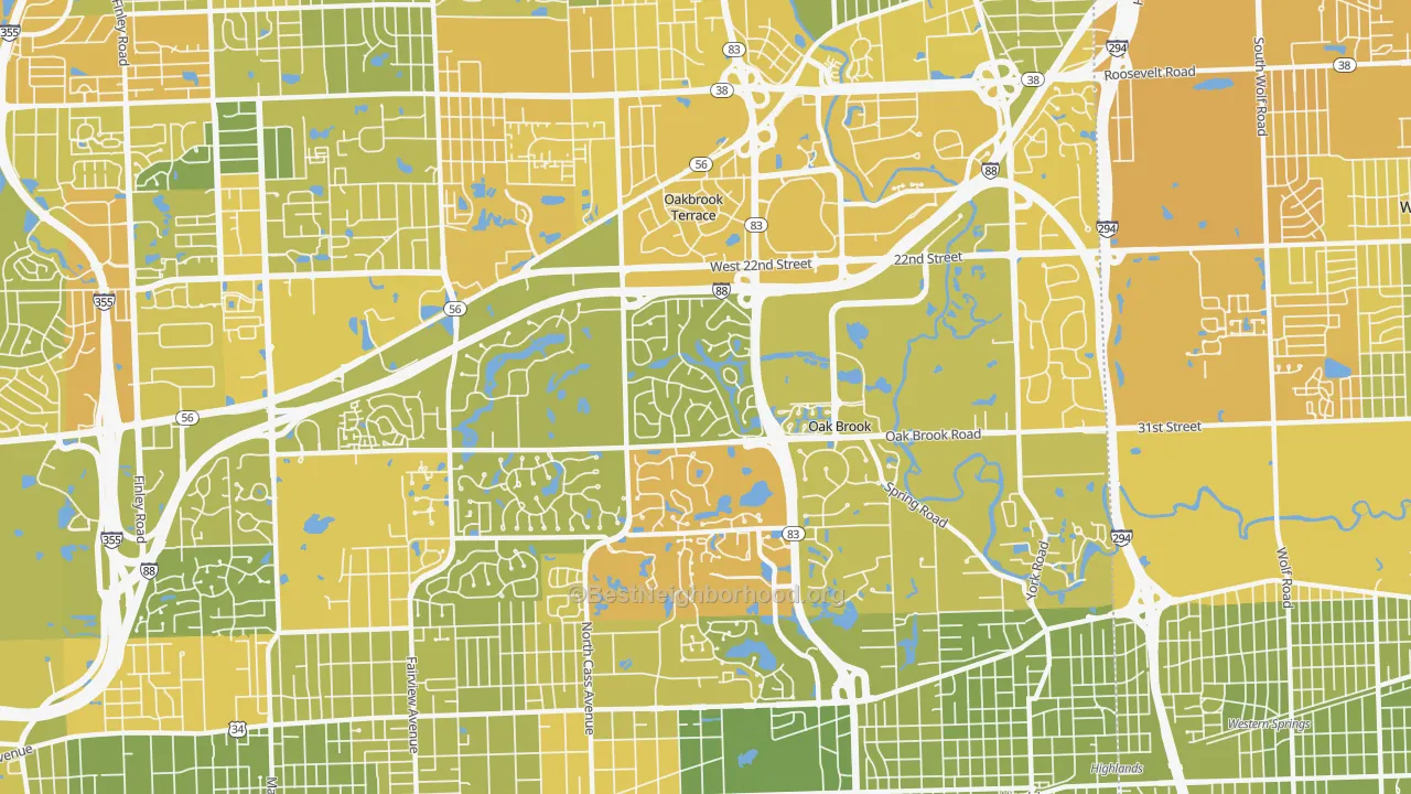 Map of the best neighborhoods in the 60523 area, with better matches in green and worse matches in red