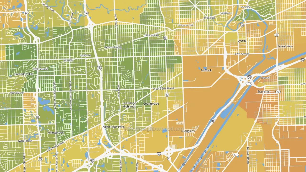 Map of the best neighborhoods in the 60525 area, with better matches in green and worse matches in red
