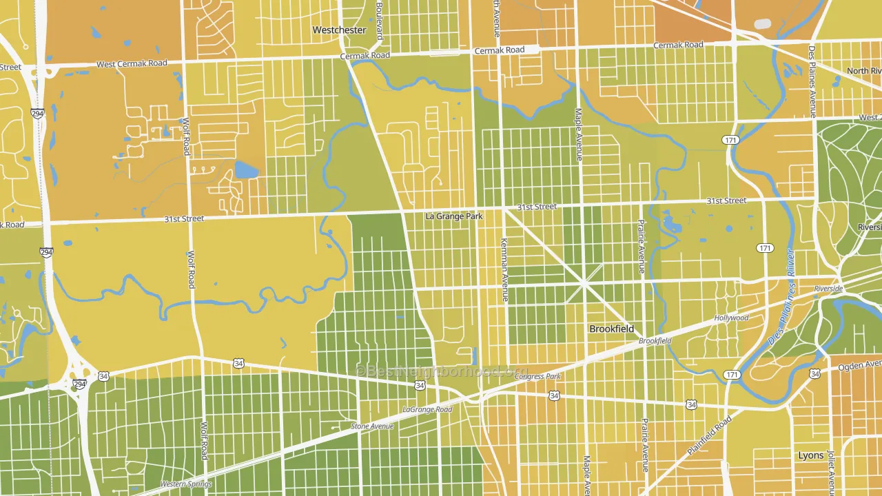 Map of the best neighborhoods in the 60526 area, with better matches in green and worse matches in red