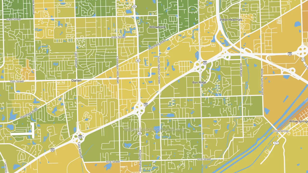 Map of the best neighborhoods in the 60527 area, with better matches in green and worse matches in red