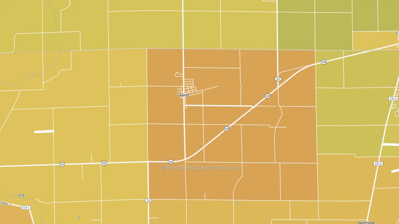 Map of the best neighborhoods in the 60531 area, with better matches in green and worse matches in red