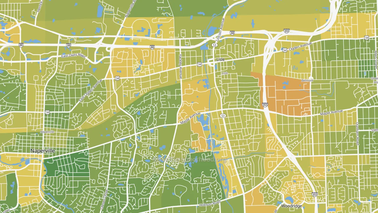 Map of the best neighborhoods in the 60532 area, with better matches in green and worse matches in red