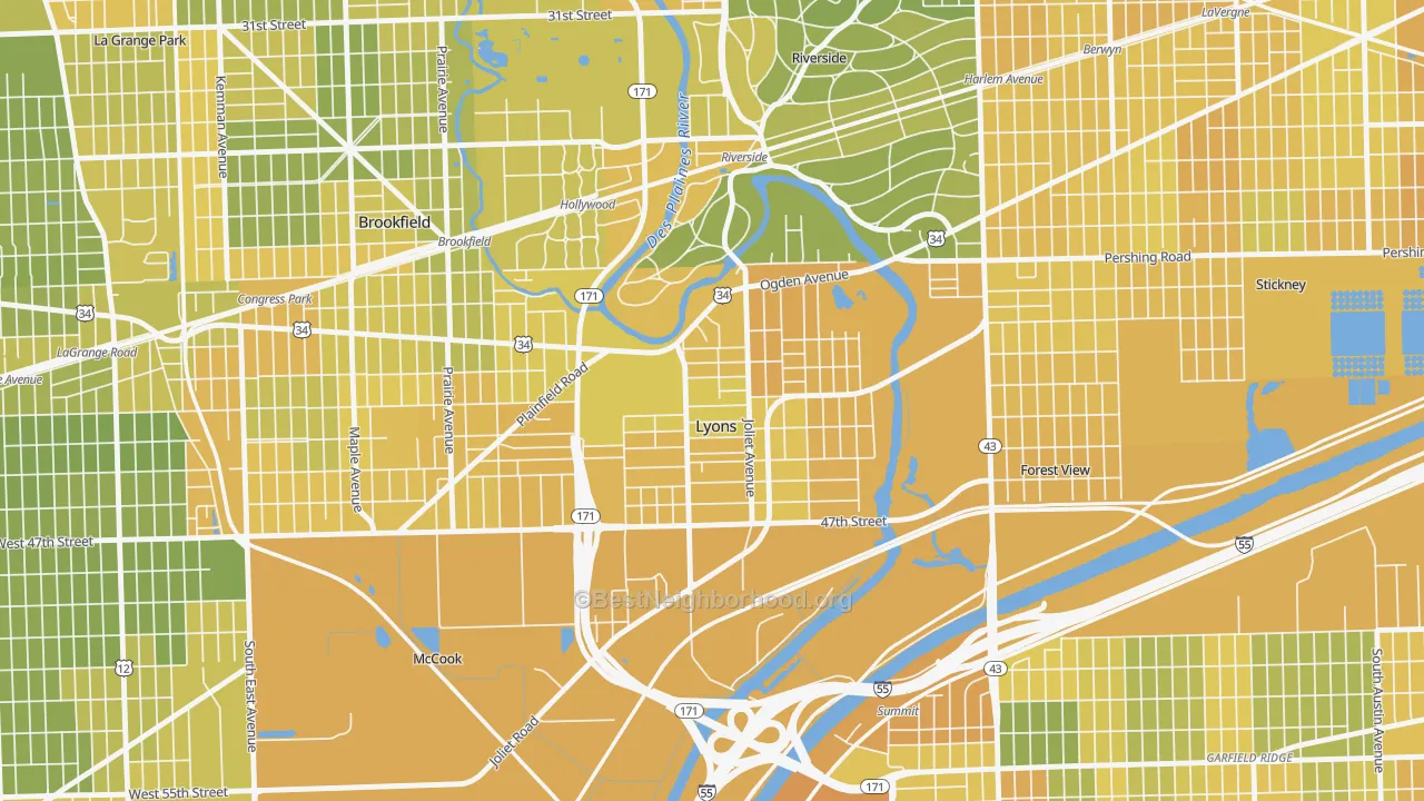 Map of the best neighborhoods in the 60534 area, with better matches in green and worse matches in red