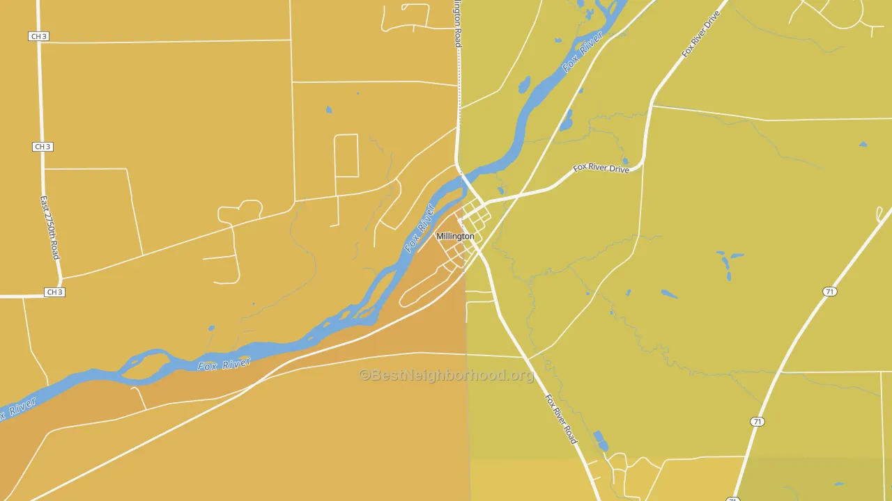 Map of the best neighborhoods in the 60537 area, with better matches in green and worse matches in red