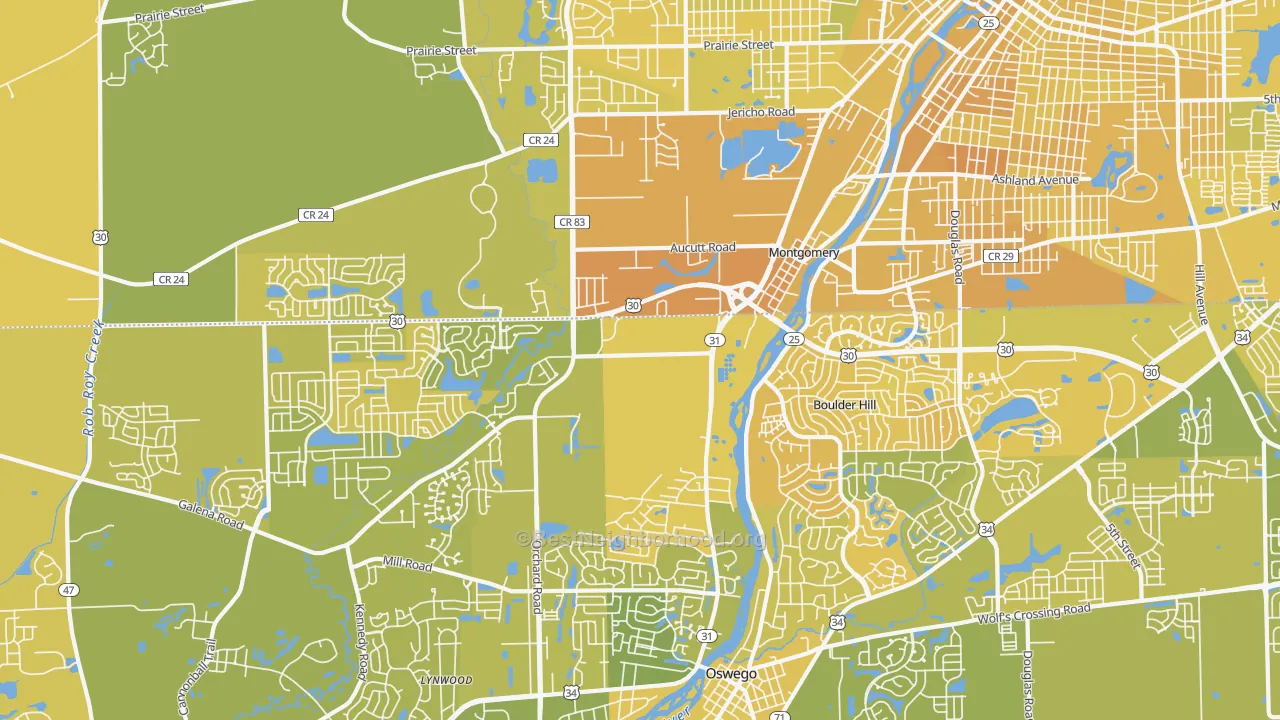 Map of the best neighborhoods in the 60538 area, with better matches in green and worse matches in red