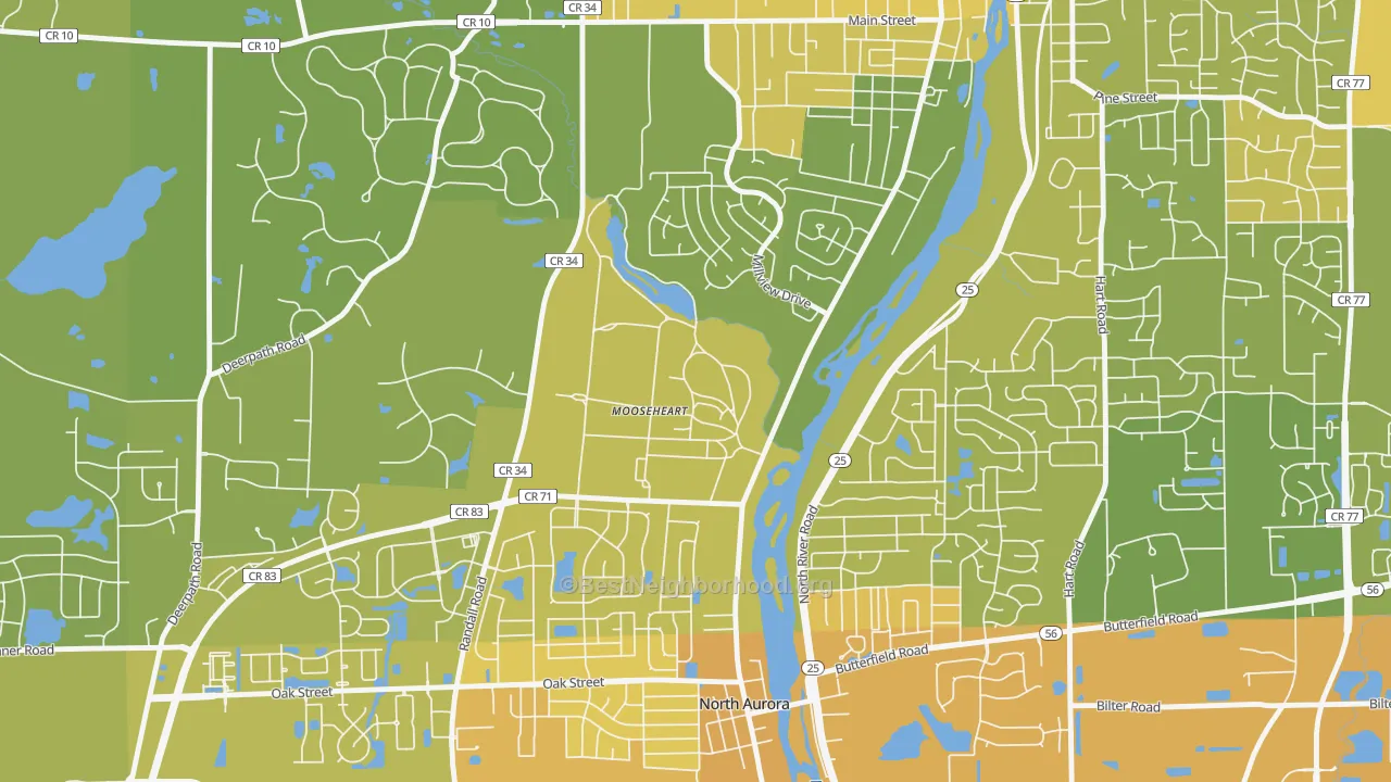 Map of the best neighborhoods in the 60539 area, with better matches in green and worse matches in red