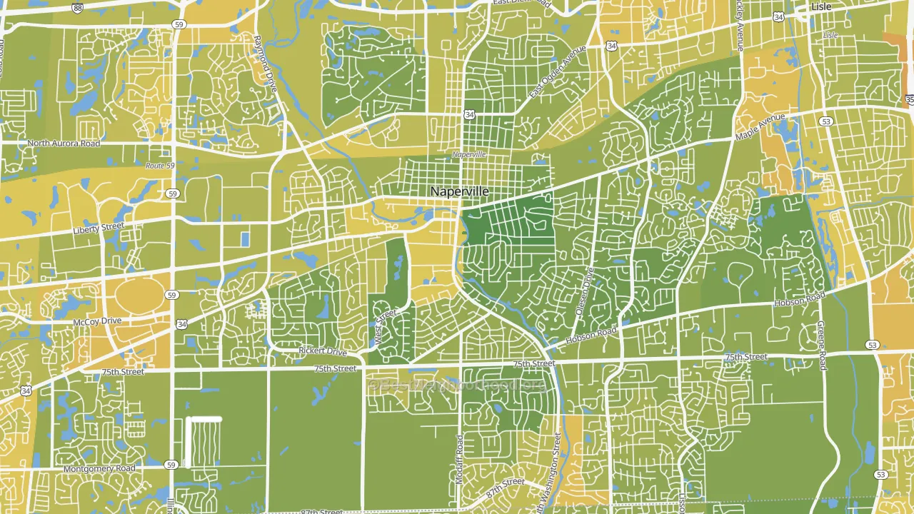 Map of the best neighborhoods in the 60540 area, with better matches in green and worse matches in red