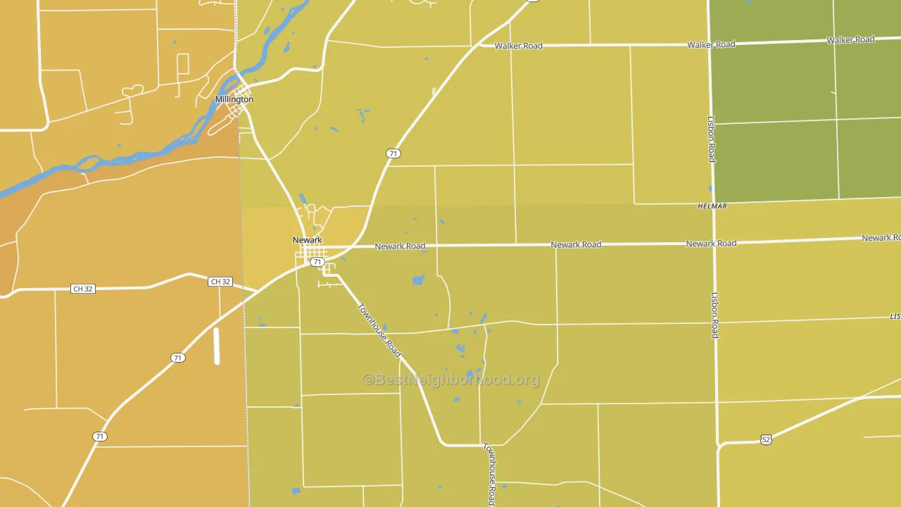 Map of the best neighborhoods in the 60541 area, with better matches in green and worse matches in red