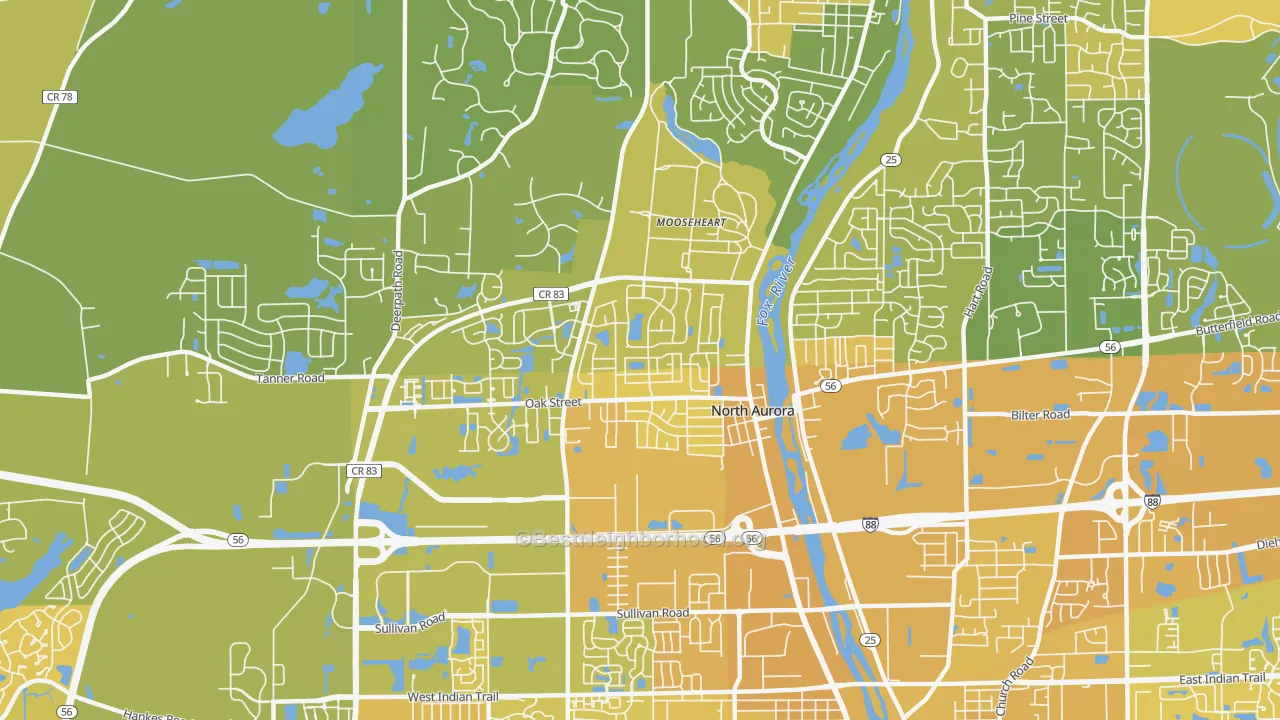 Map of the best neighborhoods in the 60542 area, with better matches in green and worse matches in red