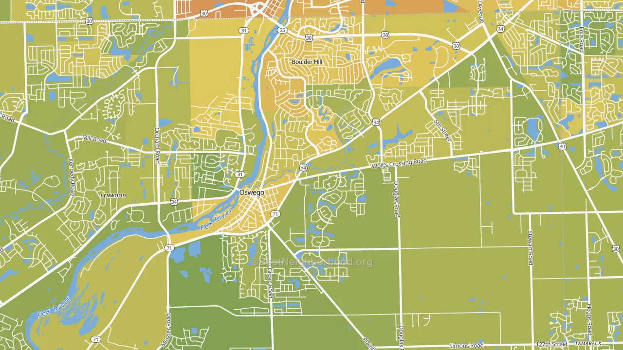 Map of the best neighborhoods in the 60543 area, with better matches in green and worse matches in red