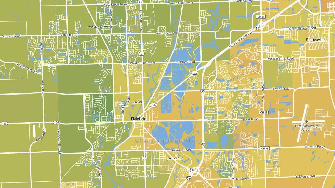 Map of the best neighborhoods in the 60544 area, with better matches in green and worse matches in red