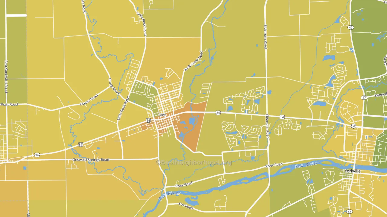 Map of the best neighborhoods in the 60545 area, with better matches in green and worse matches in red