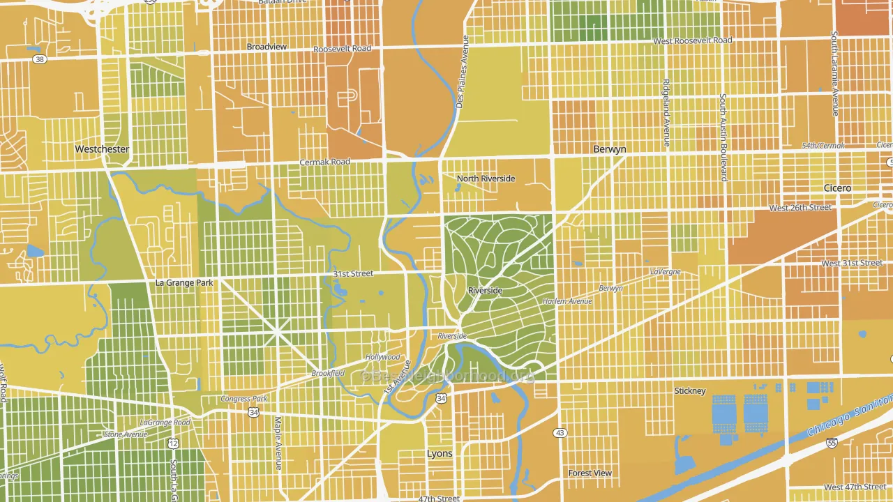Map of the best neighborhoods in the 60546 area, with better matches in green and worse matches in red
