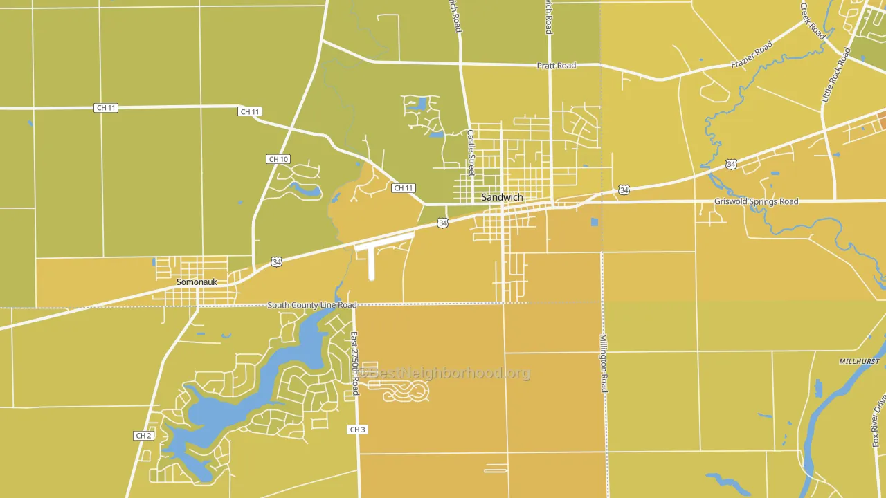 Map of the best neighborhoods in the 60548 area, with better matches in green and worse matches in red