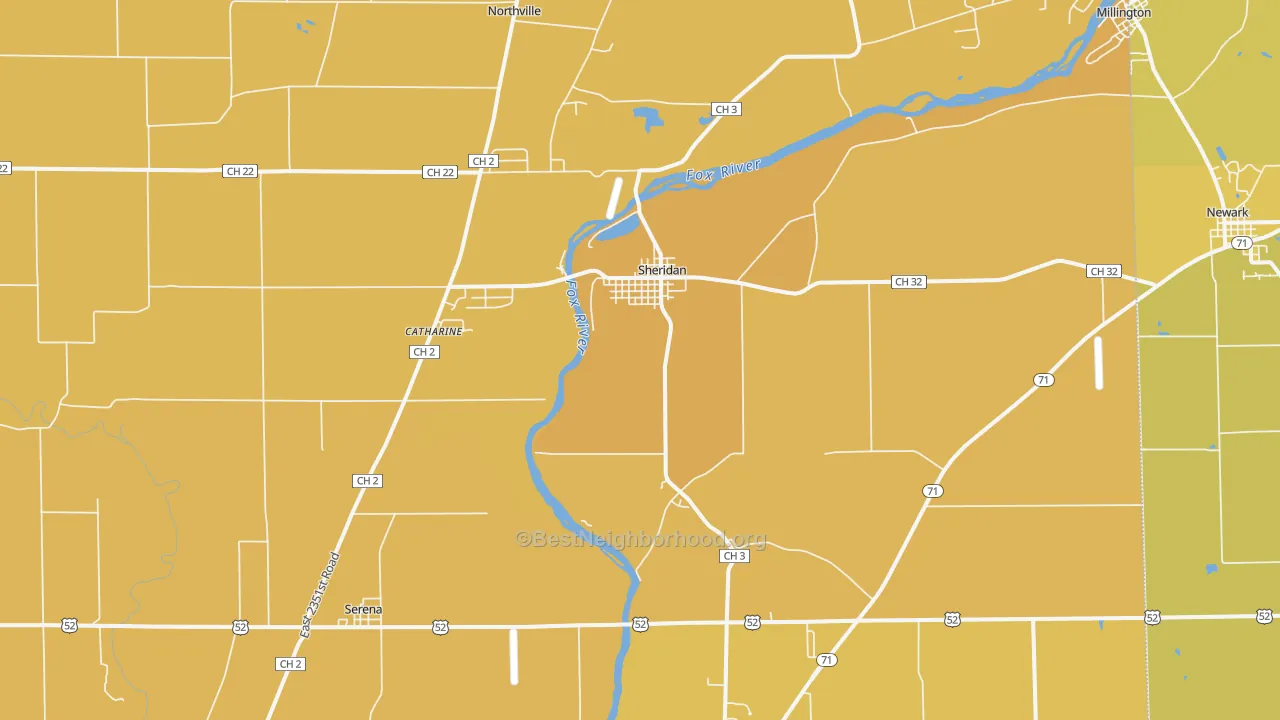 Map of the best neighborhoods in the 60551 area, with better matches in green and worse matches in red