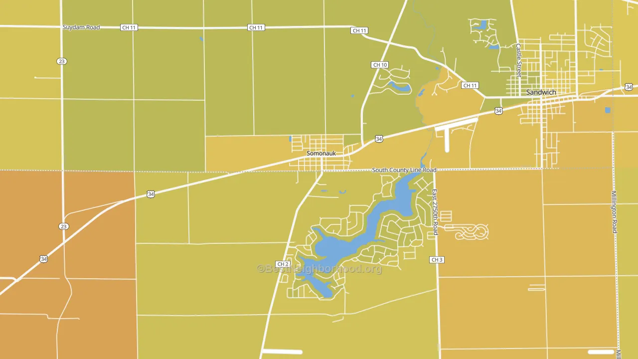 Map of the best neighborhoods in the 60552 area, with better matches in green and worse matches in red