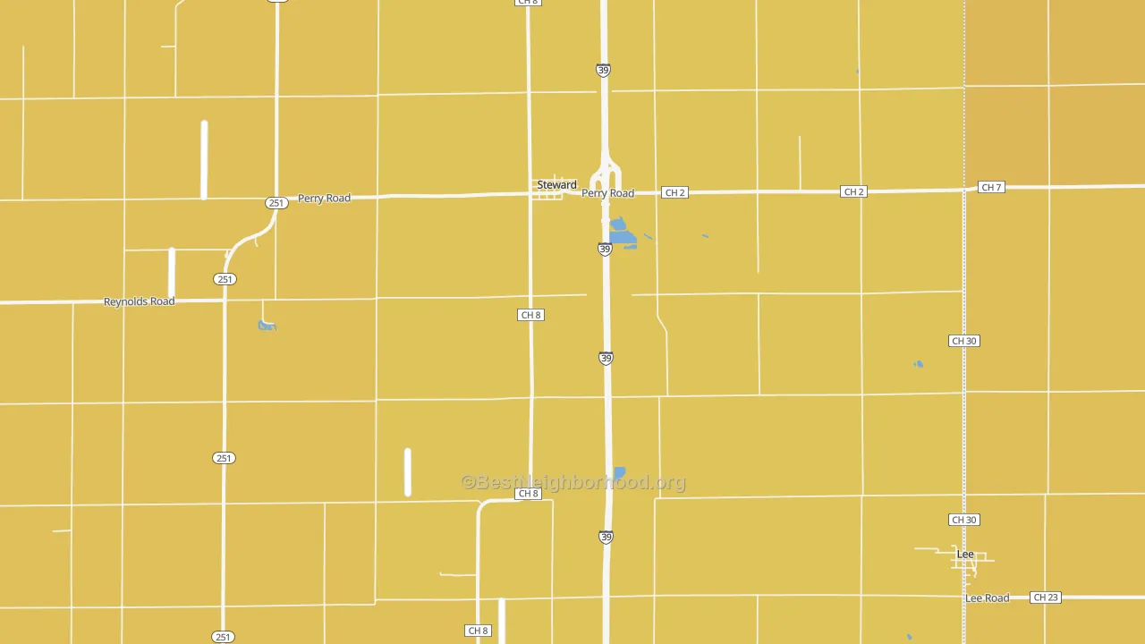 Map of the best neighborhoods in the 60553 area, with better matches in green and worse matches in red