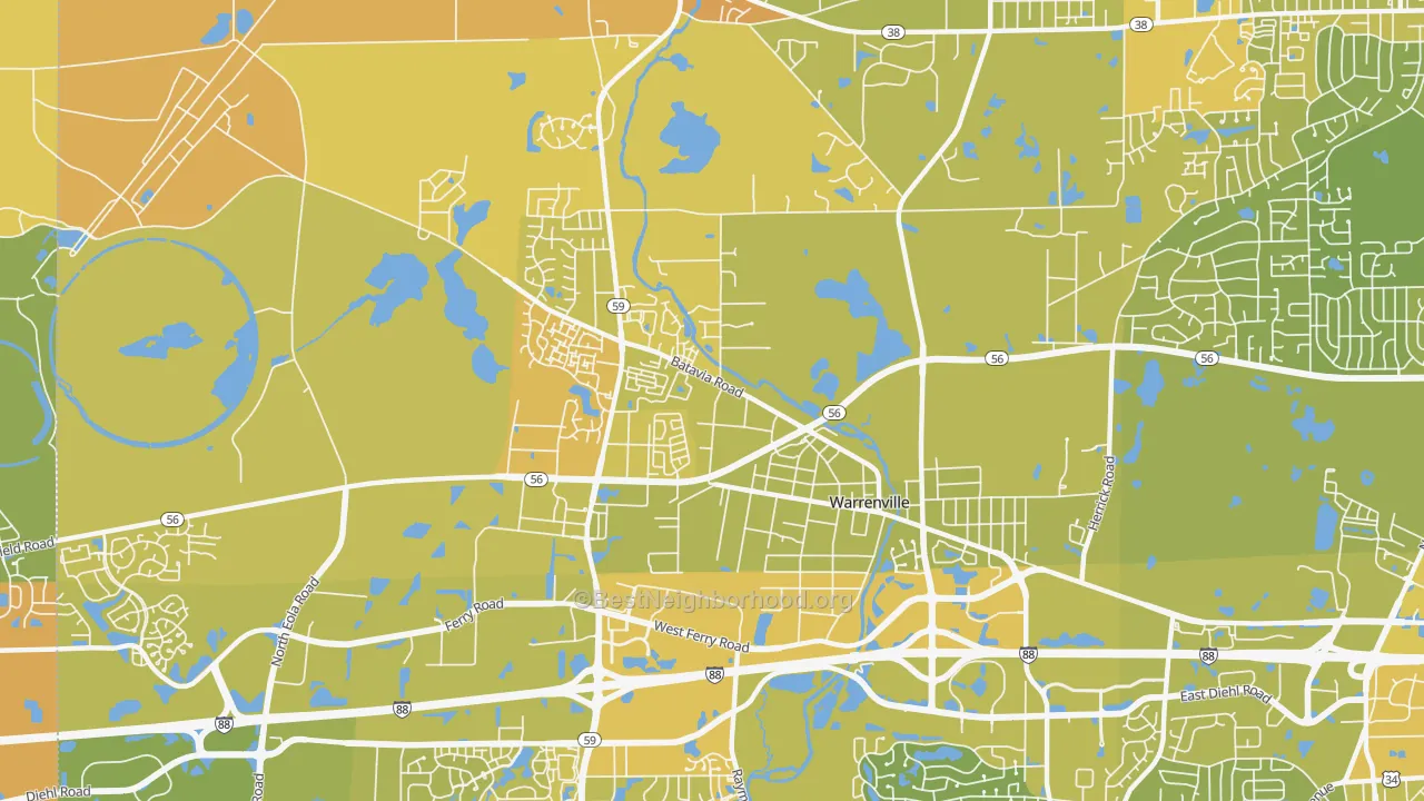 Map of the best neighborhoods in the 60555 area, with better matches in green and worse matches in red
