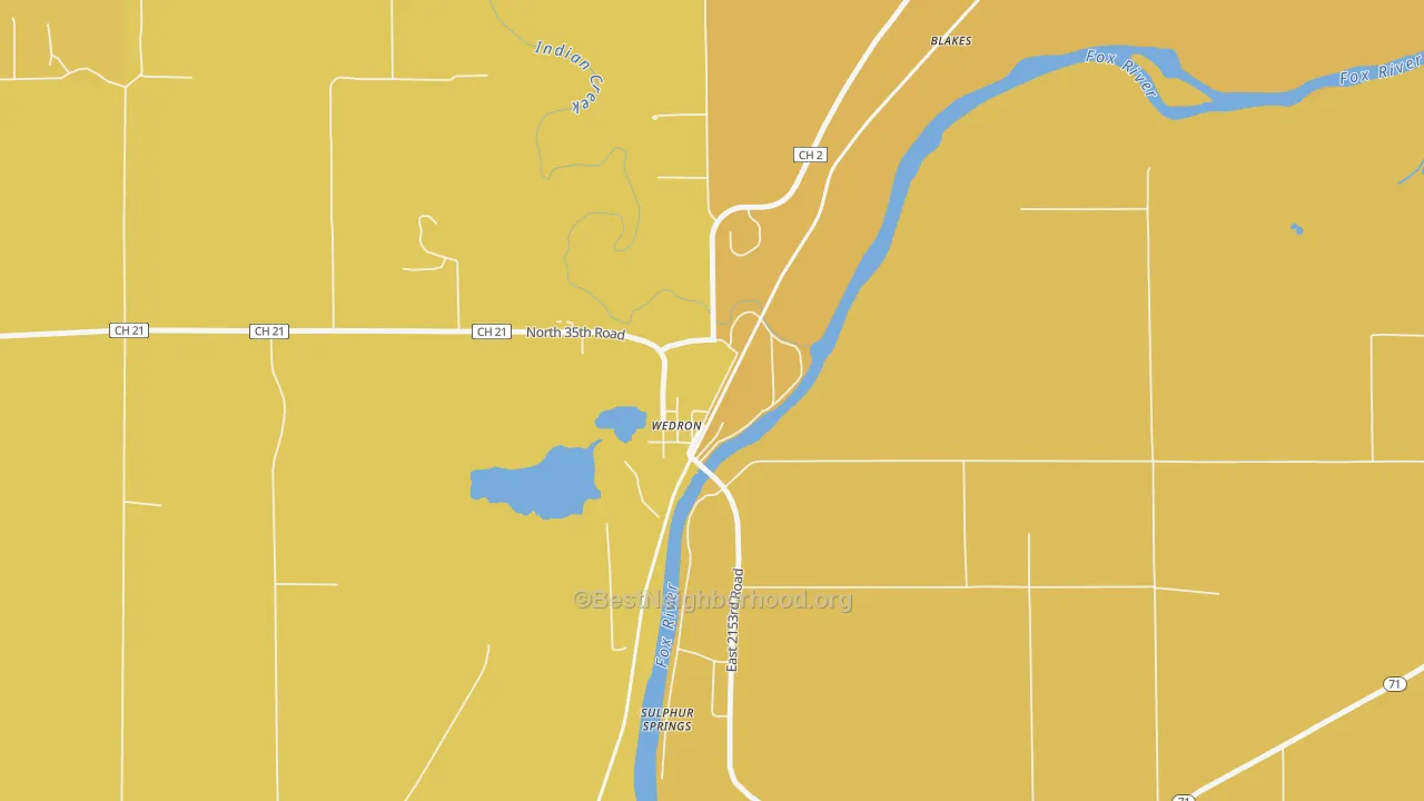 Map of the best neighborhoods in the 60557 area, with better matches in green and worse matches in red