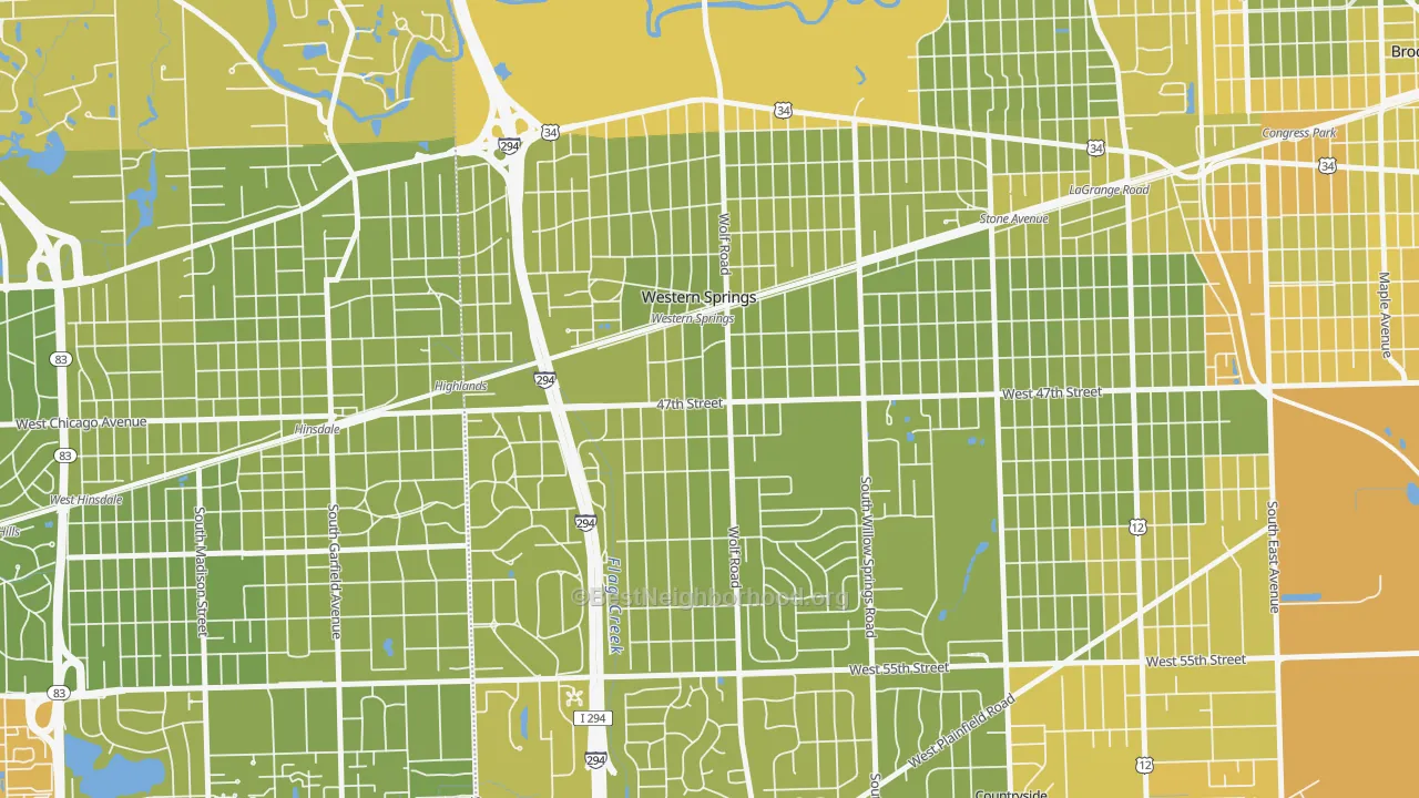 Map of the best neighborhoods in the 60558 area, with better matches in green and worse matches in red