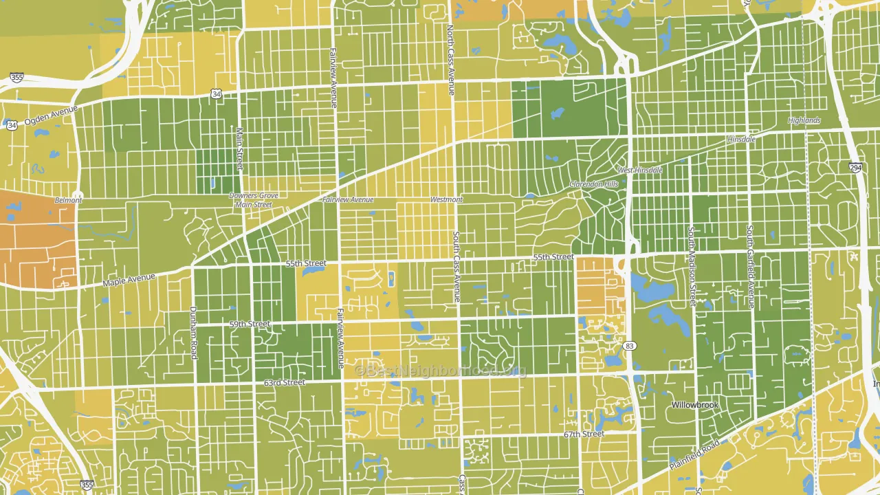 Map of the best neighborhoods in the 60559 area, with better matches in green and worse matches in red