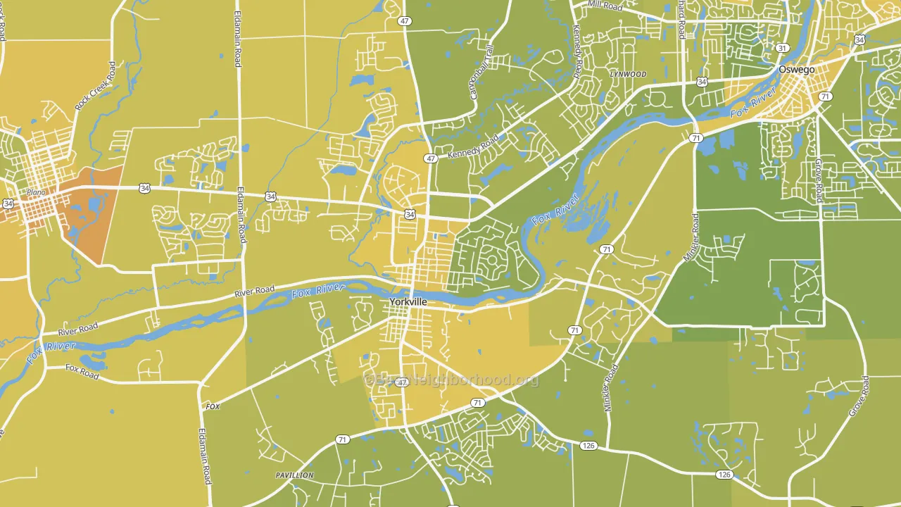 Map of the best neighborhoods in the 60560 area, with better matches in green and worse matches in red