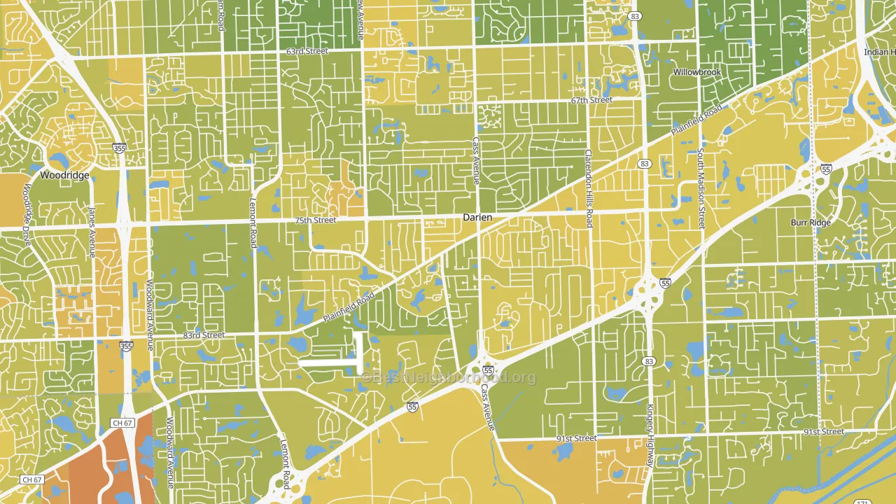 Map of the best neighborhoods in the 60561 area, with better matches in green and worse matches in red