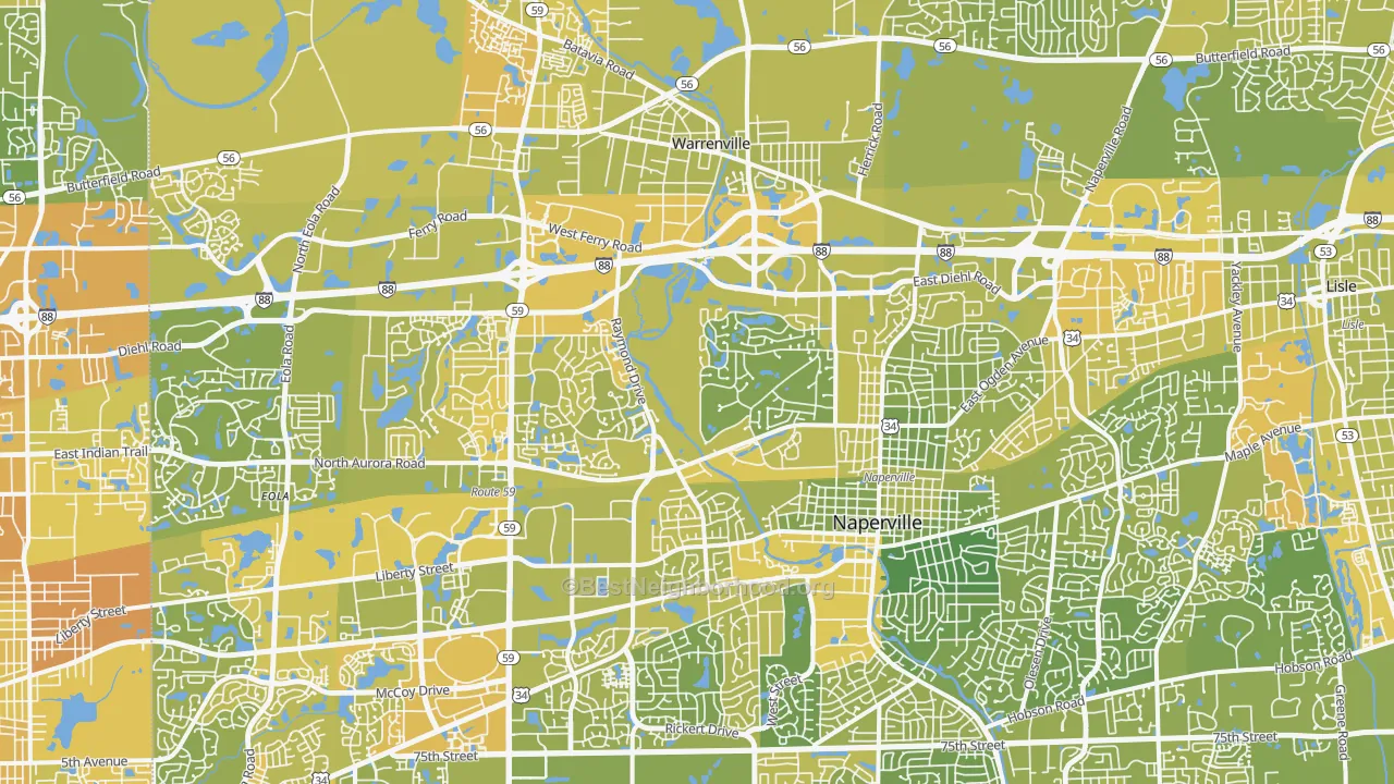 Map of the best neighborhoods in the 60563 area, with better matches in green and worse matches in red