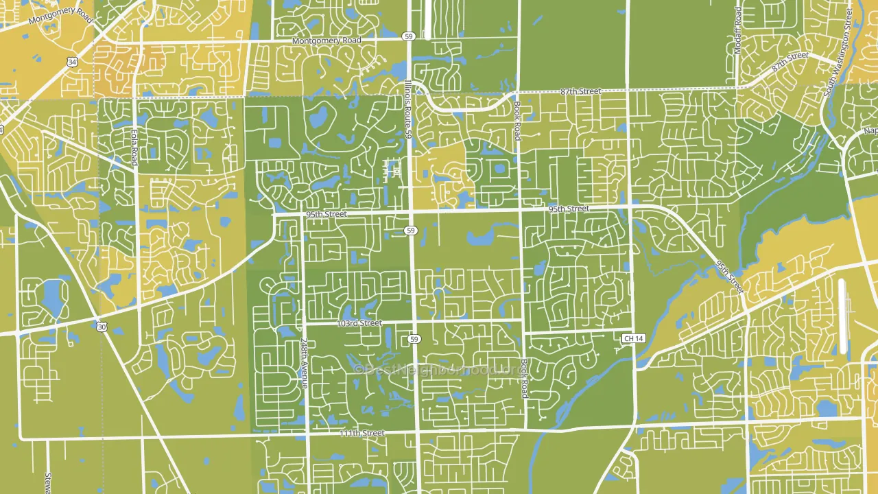 Map of the best neighborhoods in the 60564 area, with better matches in green and worse matches in red