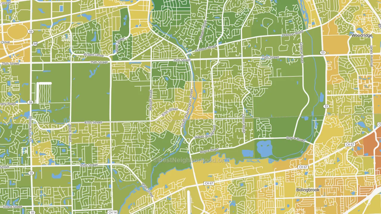 Map of the best neighborhoods in the 60565 area, with better matches in green and worse matches in red