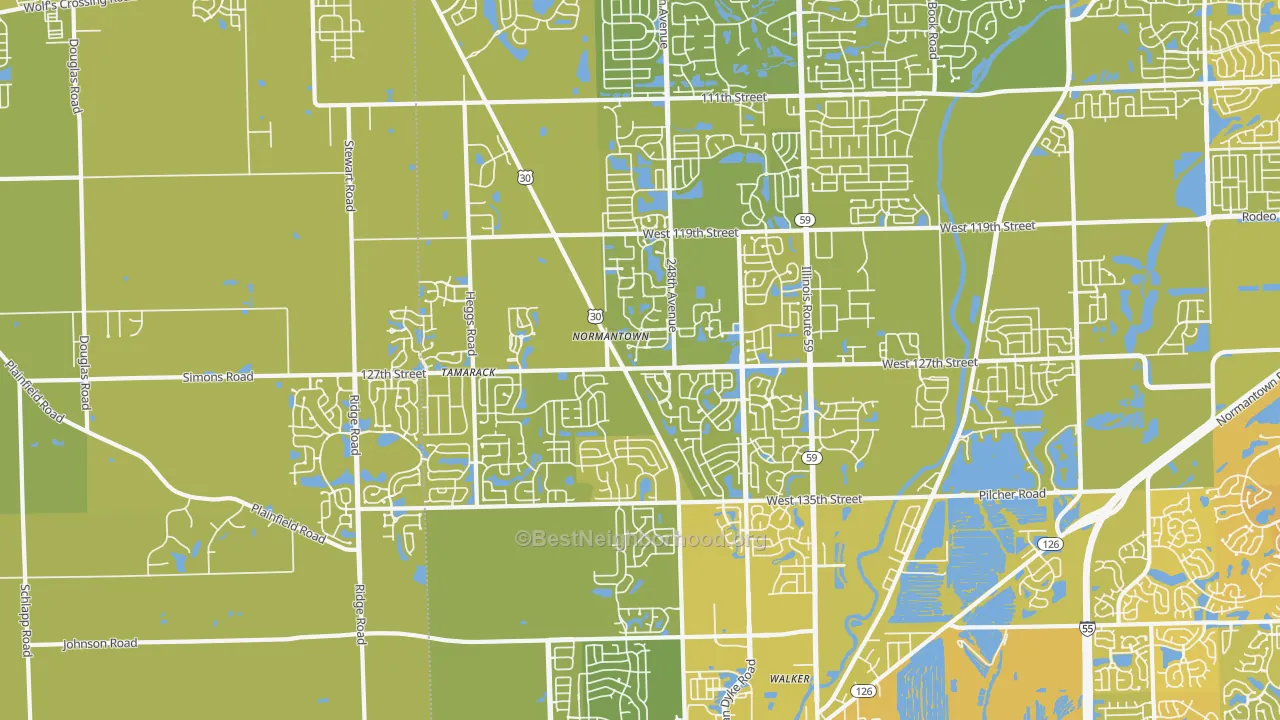 Map of the best neighborhoods in the 60585 area, with better matches in green and worse matches in red