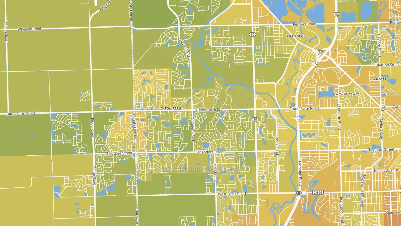 Map of the best neighborhoods in the 60586 area, with better matches in green and worse matches in red