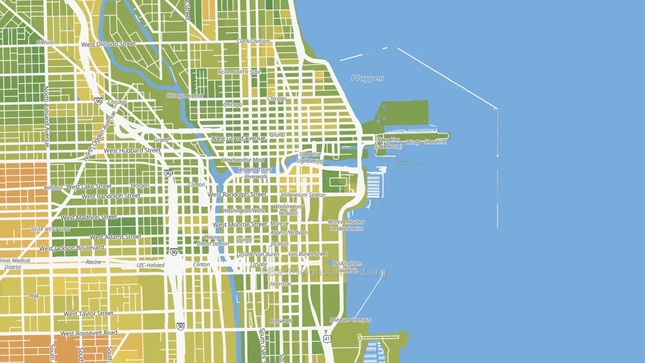 Map of the best neighborhoods in the 60601 area, with better matches in green and worse matches in red