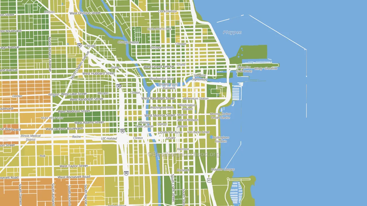 Map of the best neighborhoods in the 60602 area, with better matches in green and worse matches in red