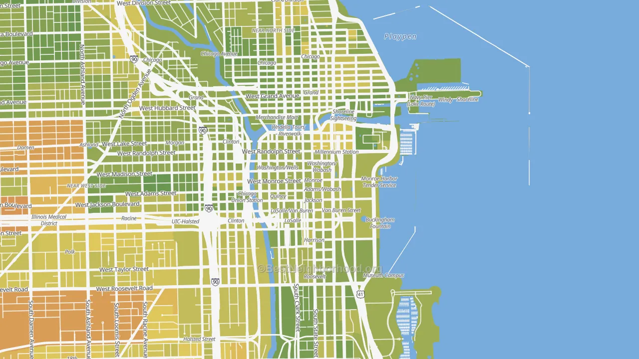 Map of the best neighborhoods in the 60603 area, with better matches in green and worse matches in red